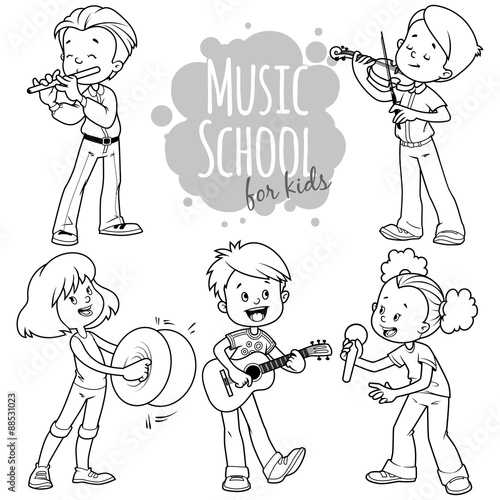 Cartoon kids playing musical instruments and singing