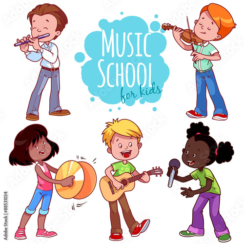 Cartoon kids playing musical instruments and singing photo