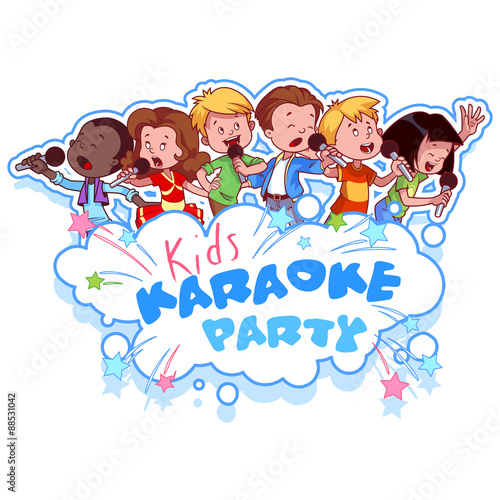 Cartoon children sing with a microphone