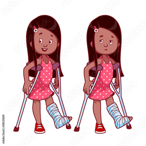 Cheerful and sad girl with a broken leg in a cast.