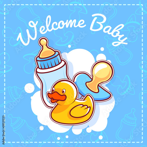 Baby Shower Card: Welcome Baby! Template Baby Shower card for boy in blue tones