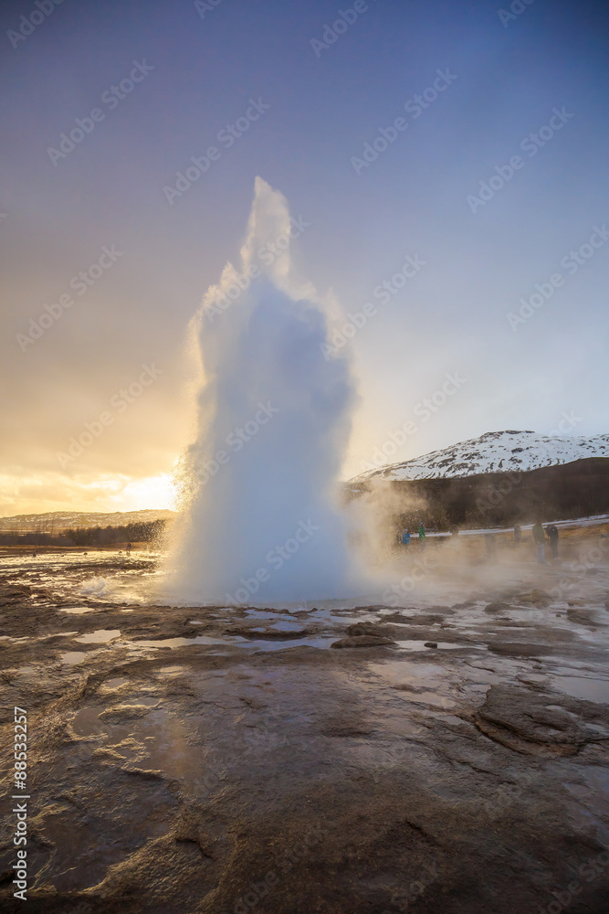 The Strokkur geyser in Iceland is erupting