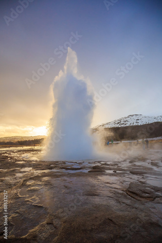 The Strokkur geyser in Iceland is erupting