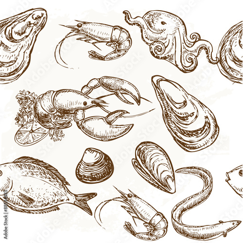 hand drawn seafood seamless pattern