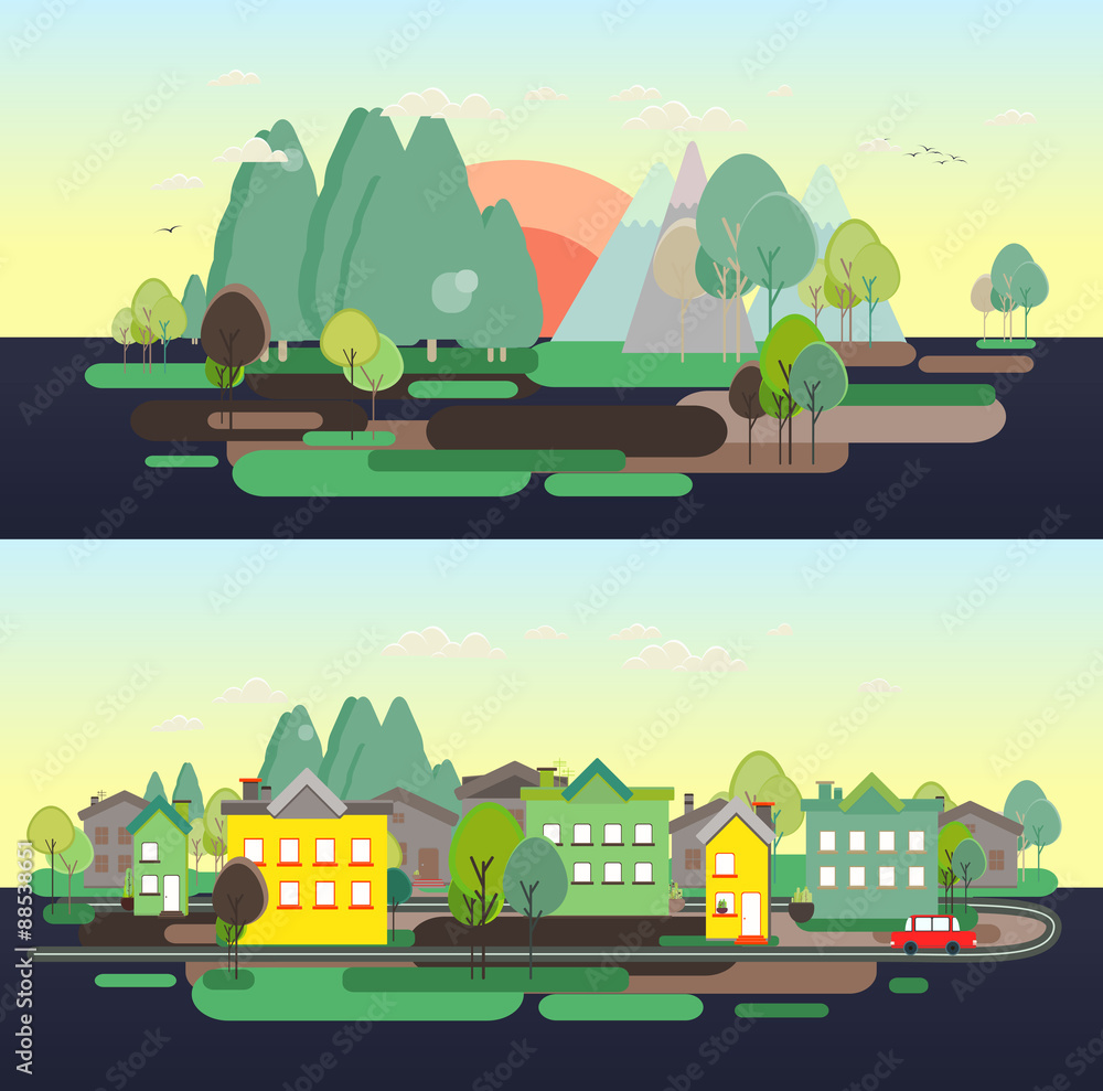 Fototapeta premium Flat design nature landscape tourism vikend web poster