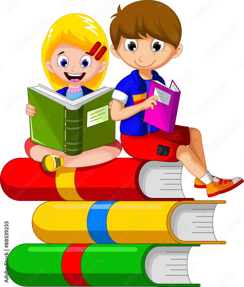 child Reading Book While Sitting on Stack of Books Other cartoon for you  disign Stock Vector | Adobe Stock