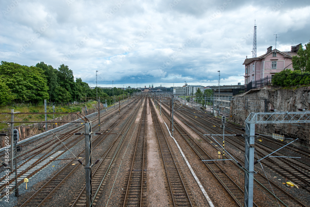 Railway tracks in Helsinki, Finland. Railway tracks in Helsinki, Finland.