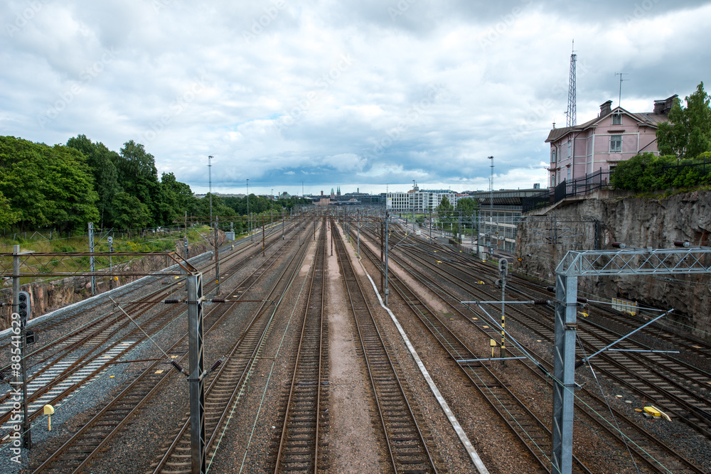 Railway tracks in Helsinki, Finland. Railway tracks in Helsinki, Finland.