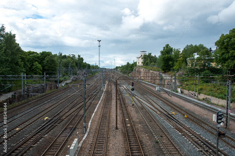 Railway tracks in Helsinki, Finland.
