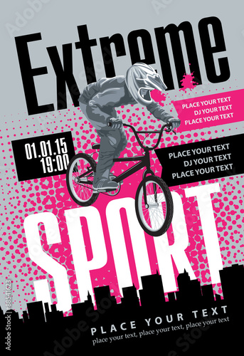 cyclist labeled extreme sports on urban landscape