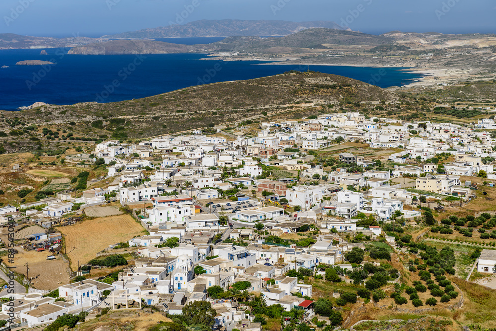 View of the island of Milos from the high hill, Plaka village, Milos island, Cyclades, Greece.