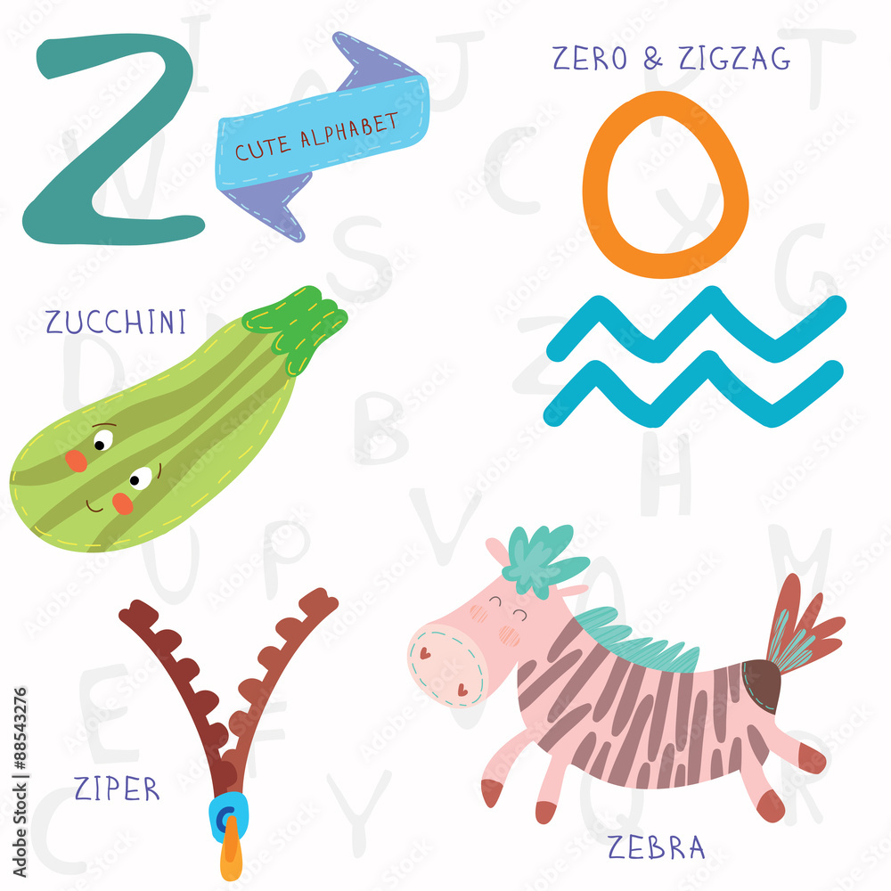 Very cute alphabet.Z letter. Zebra, zero, zigzag, zucchini, zipe 