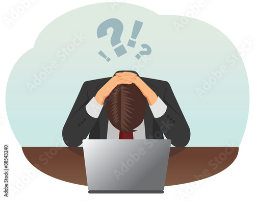 Failed and stressed businessman is tired to work on the computer. He put hands on the head.