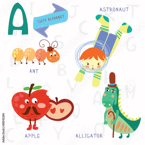 Very cute alphabet.A letter. Ant  astronaut  apple  alligator.
