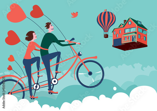 Couple on a tandem bike in the sky. Fantasy illustration.