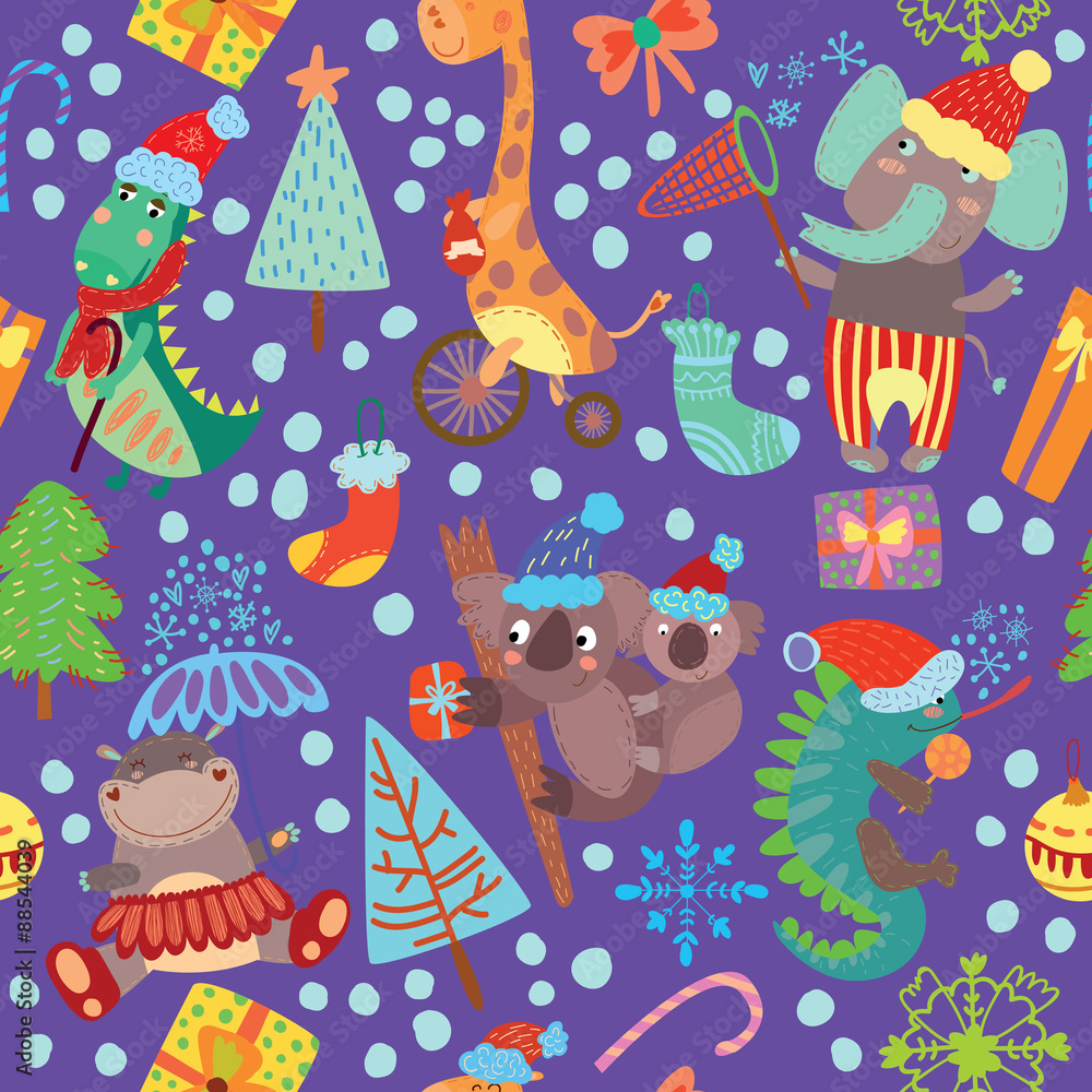 Cute Christmas seamless pattern with wild animals from Africa.ig