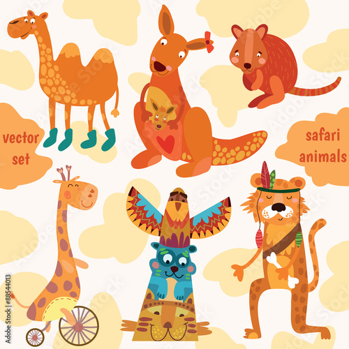 Safari animals:Quokka, tiger, camel, giraffe, kangaroo in vector