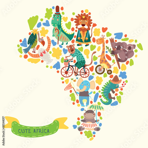 Map of Africa with cute animals in vector. African animals set 