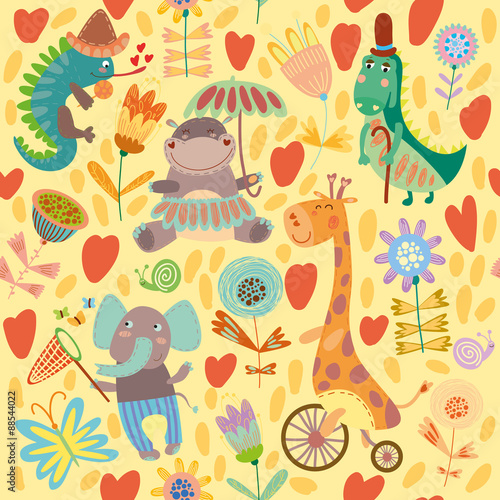 Cute floral seamless pattern with wild animals from Africa. igua photo