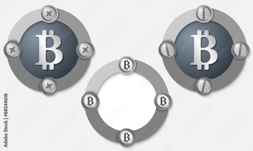 Set of three abstract icons with screws and bit coin symbol Set of three abstract icons with screws and bit coin symbol
