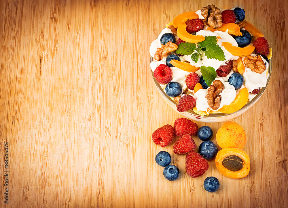 Dessert with yogurt and fresh berries. Dietary breakfast. Dessert with yogurt and fresh berries. Dietary breakfast.