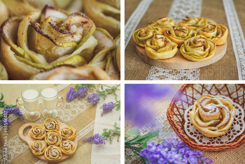 Set of 4 images with homemade apple cakes over sackcloth