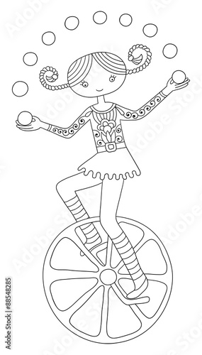 line art illustration of circus theme - teenage girl juggler on 