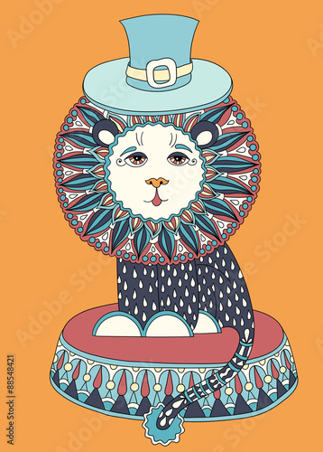 colored line art drawing of circus theme - lion in a hat