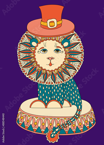 colored line art drawing of circus theme - lion in a hat