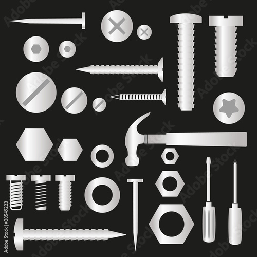 silver hardware screws and nails with tools symbols eps10