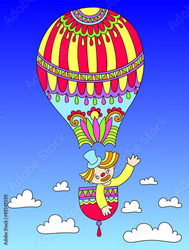 colored line art drawing of circus theme - clown in a balloon