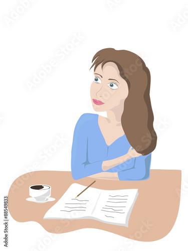 illustration of a pensive girl at a table with coffee and writing book