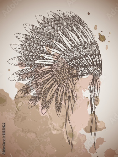 Native American indian headdress with feathers in a sketch style