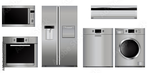 Home appliances. Set of household kitchen devices: Microwave and electric Oven, Dishwasher, refrigerator, split-system, washing machine