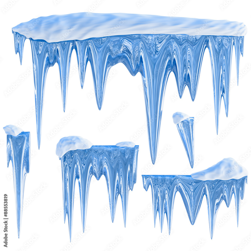 set of hanging thawing icicles of a blue shade