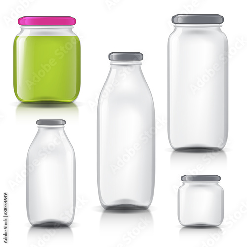Glass bottles empty transparent set. Template of glass jars