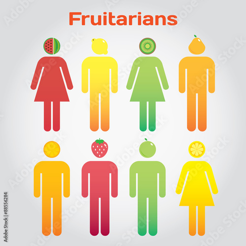Fruitarians. Men and women with fruits instead the head.