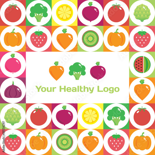 Colourful round fruit and vegetables background with place for logo or text.