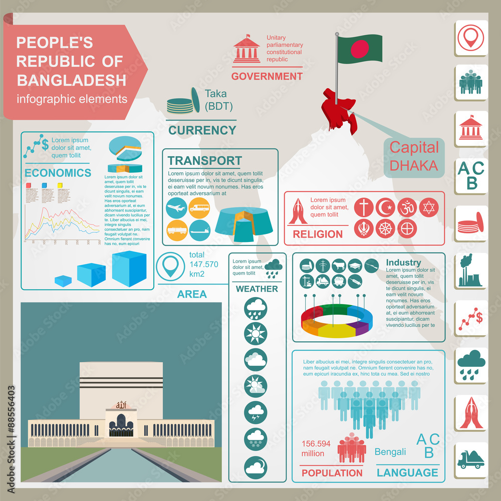Naklejka premium Bangladesh infographics, statistical data, sights. Baitul Mukar