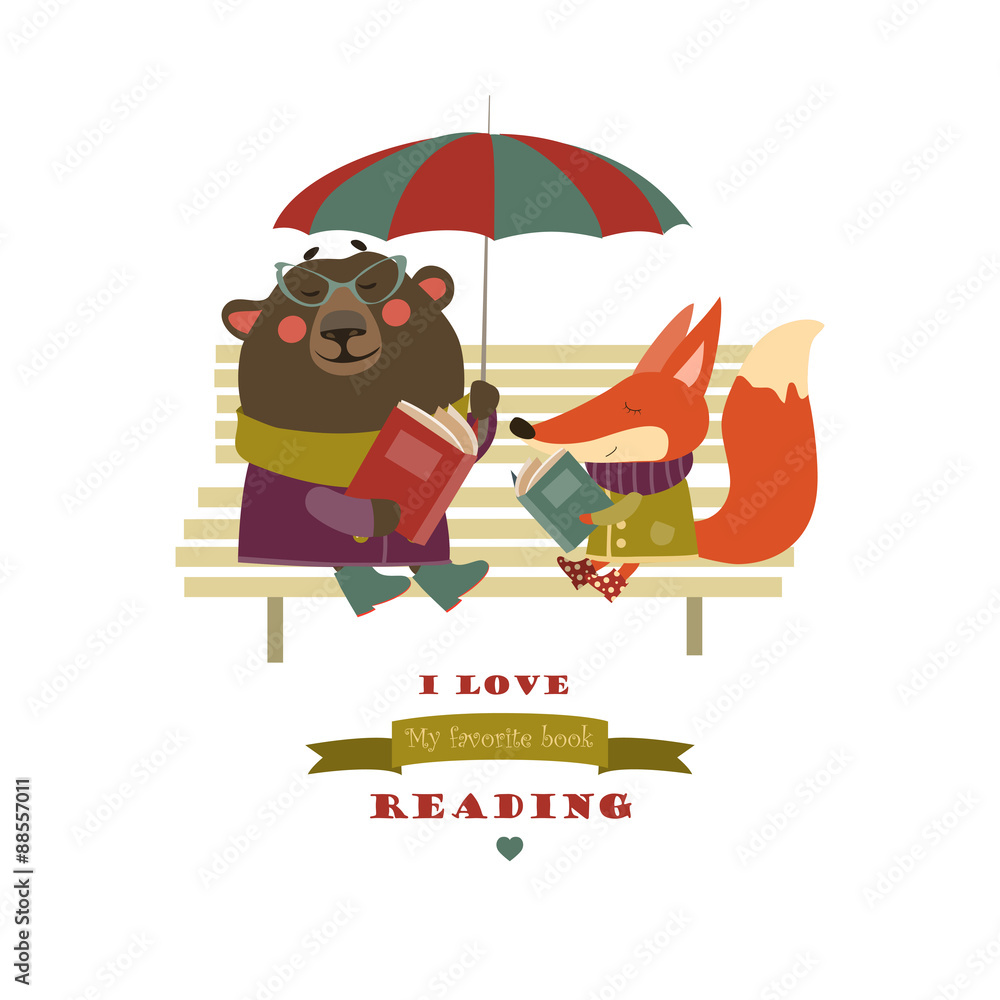 Fototapeta premium Cute fox and funny bear reading books on bench