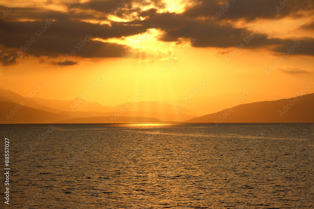 Sunrise on ionian sea. Summer dawn. Greece. Corfu. Kerkyra