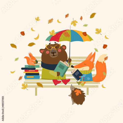 Cute fox and funny bear reading books on bench