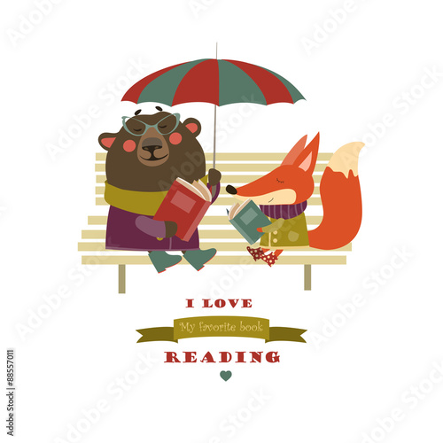 Cute fox and funny bear reading books on bench © Maria Starus