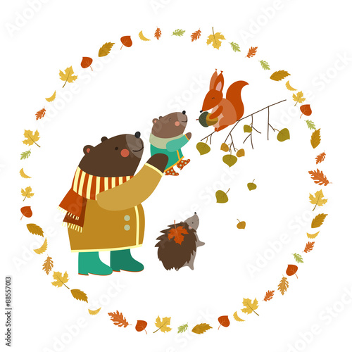 Bear, bear cub, squirrel and hedgehog walking in the autumn