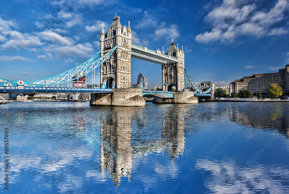 Famous Tower Bridge against blue sky in London, England