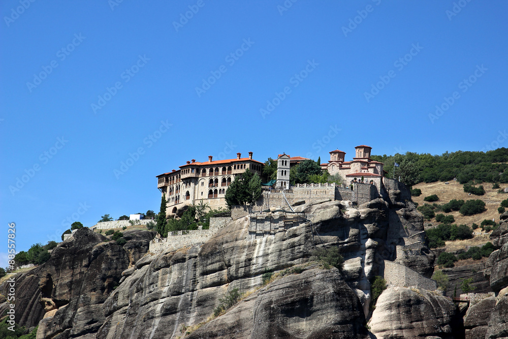Monastery in the mountains. View of the mountain valley. Thessaly. Kalambaka. Meteora