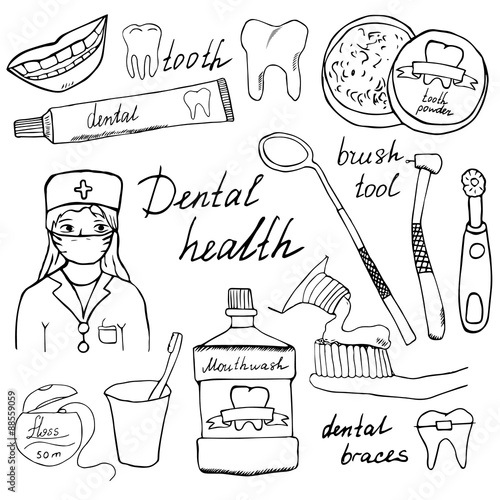 Dental health doodles icons set. Hand drawn sketch with teeth, toothpaste toothbrush dentist mouth wash and floss. vector illustration isolated