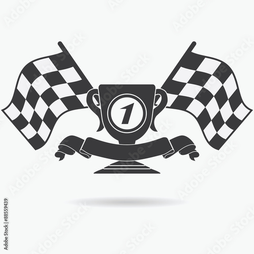 Flag icon. Checkered or racing flags first place prize cup and finish ribbon. Sport auto, speed and success, competition and winner, race rally, vector illustration