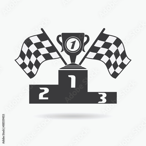Flag icon. Checkered or racing flags first place prize cup and winners podium. Sport auto, speed and success, competition and winner, race rally, vector illustration