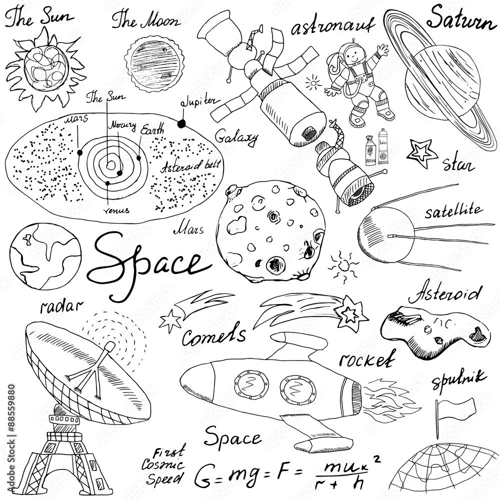 Fototapeta premium Space doodles icons set. Hand drawn sketch with Solar system, planets meteors and comats, Sun and Moon, radar, astronaut rocket and stars. vector illustration isolated background
